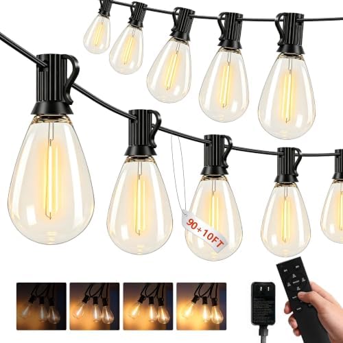 100(90+10)FT Outdoor String Lights, 30m Waterproof Remote LED Patio Lights with 39+2 S11 Bulbs, Dimmable Outside Hanging Lights for House, Porch,Yard,Garden,Connectable Plug-in Gazebo Lighting by AODLEDY