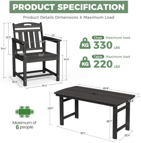 HDPE Outdoor Dining Set, Patio Table and 6 Chairs, 2" Umbrella Hole, Black - Image 2