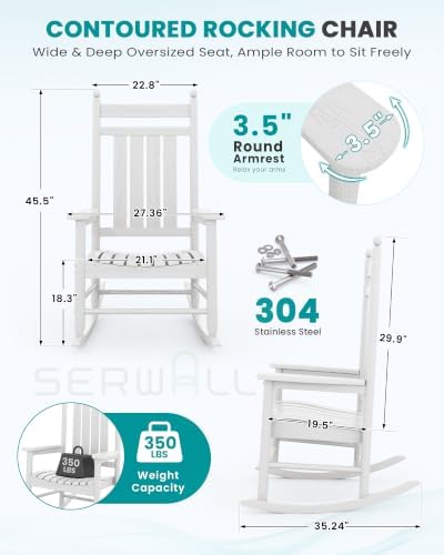 SERWALL Comfortable Outdoor Rocking Chairs Set of 3, White - Image 2