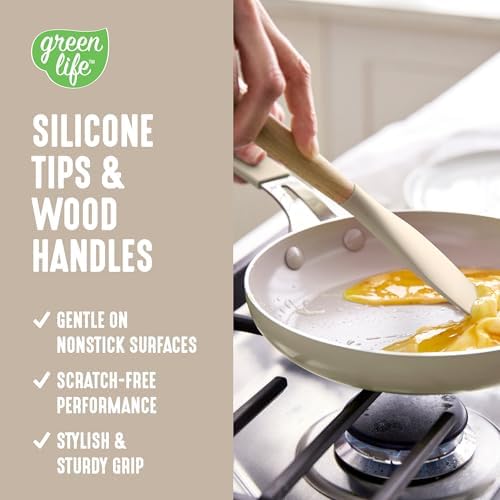 GreenLife 11 Piece Silicone Utensil Crock Set, Nonstick Kitchen Tools, Ladle, Turner, Slotted Turner, Spatula, Spoon, Spaghetti Server, Brush, Whisk, Tongs, Crock, Taupe - Image 2