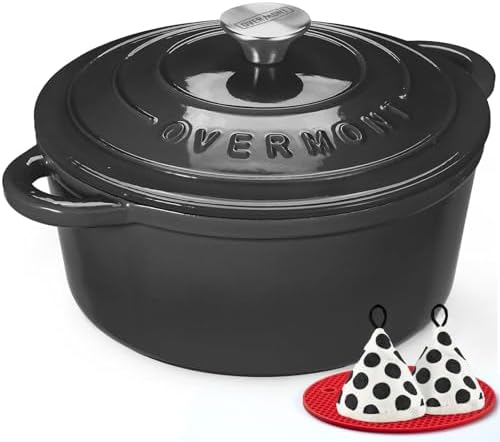 Overmont Enameled Cast Iron Dutch Oven - 4.5QT Pot with Lid Cookbook & Cotton Potholders - Heavy-Duty Cookware for Braising, Stews, Roasting, Bread Baking GraphiteGray by Overmont
