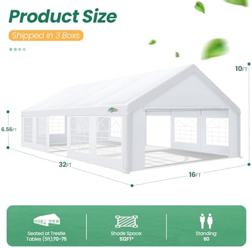COBIZI Carport 16x32 FT Party Tent Heavy Duty, Storage Shelter Shed Portable Garage with 10 Removable Sidewalls & 4 Built-in Sandbag, UV 50+, Waterproof, Strong Wind Protection, White - Image 2