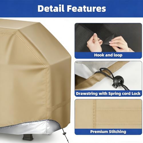 BBQ Gas Grill Cover for Outdoor, Anti-UV, Rip-Proof, 600D Oxford Fade Resistant Material, Barbecue Cover with Hook and Loop Straps & Adjustable Hem Drawstring (Beige, 65”x24”x44”) - Image 4