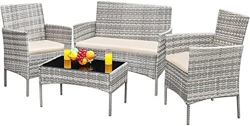 Greesum Patio Furniture 4 Pieces Conversation Sets,Gray and Beige by BuynowfromGreesum