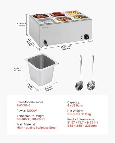 VEVOR 6-Pan Commercial Food Warmer, 24QT Electric Steam Table, 1200W Professional Countertop Stainless Steel Buffet Bain Marie with 86-185°F Temp Control for Catering and Restaurants, Silver - Image 7