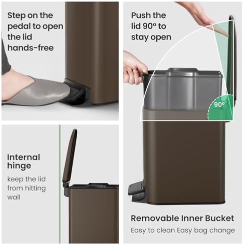 Cesun Small Bathroom Trash Can with Lid, 1.6 Gal, Soft Close, Brown - Image 5