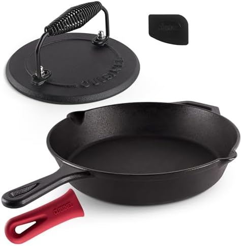 Cast Iron Skillet + Grill Press + Scraper Set - 12"-inch Pre-Seasoned Frying Pan + Silicone Handle Grip - 7" Round Burger Smasher - Indoor/Outdoor, Stove, Oven, Grill, Induction Kitchen Cookware by Cuisinel