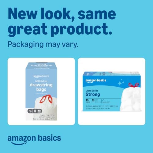 Amazon Basics Tall Kitchen Drawstring Trash Bags, Clean Scent, 13 Gallon, 45 Count, Packaging May Vary - Image 2