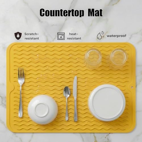 MicoYang Silicone Dish Drying Mat — Quick-Dry Ridges Counter & Sink Pad, Heat-Resistant Trivet to 450°F, Non-Slip & Dishwasher Safe, Roll-Up Storage, 18 Colors & 9 Sizes (Yellow, 16"×12") - Image 2