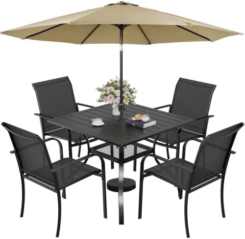 Incbruce 6 Pcs Patio Dining Set, Textilene Chairs and Square Table with Brown Umbrella (Black) by Incbruce