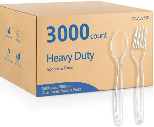 SACATR 3000 Count Clear Plastic Silverware Heavy Duty -Forks, Spoons by SACATR