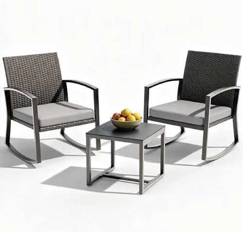 Rocking Patio Bistro Sets - All-Weather - 3 Piece Rattan Conversation Furniture Set, Wicker Outdoor Front Porch Chair for Balcony, Porch, Garden, Backyard, Poolside,Gray by Unknown