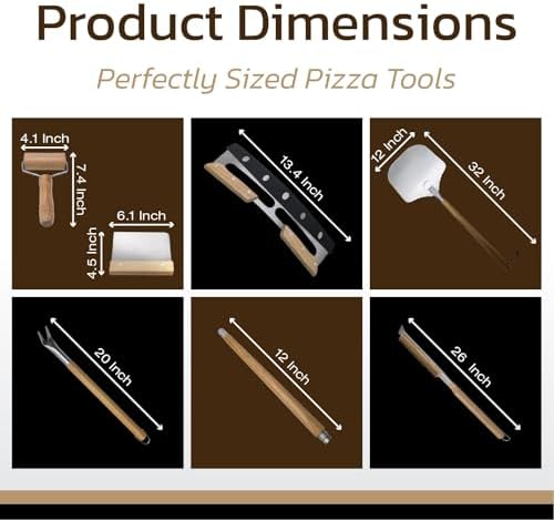 Outdoor Pizza Oven Accessories Kit, 6 Peices Pizza Set for Adults Includes Round Pizza Peeler, Oven Brush, Bubble Popper Turner, Rocker Cutter, Dough Roller & Scraper - Image 2
