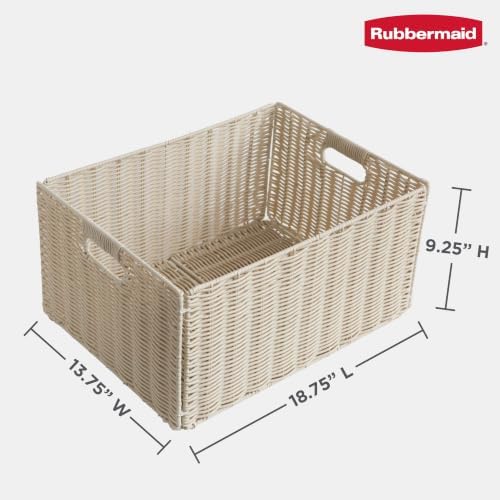 Rubbermaid Woven Storage Baskets - Set of 2 Stackable and Collapsible Bins with Handles, Extra-Large Resin Rattan Organizers for Shelves, Closet, Bathroom, Bedroom, 18.75” x 13.75", Ivory - Image 4