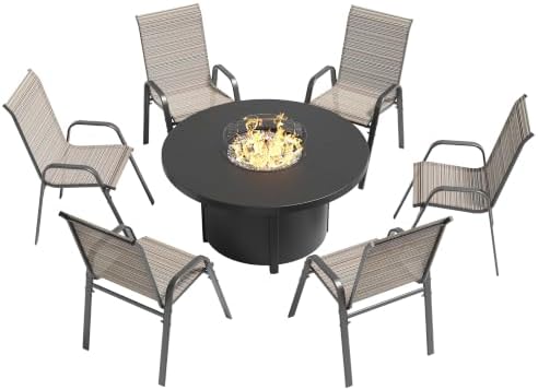 7 Pieces Outdoor Patio Furniture Set with 48" 55000 BTU Round Propane Fire Pit Table,Patio Dining Set Outdoor Conversation Sets 6 Teslin Chairs for Deck,Backyard and Garden by RTDTD