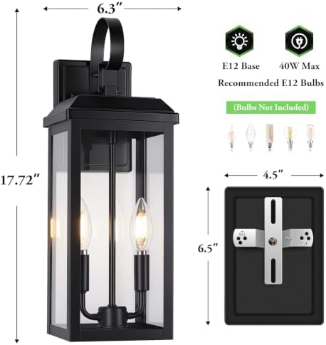 BesLowe 17.7" Large Outdoor Wall Lights, 2-Light Black Exterior Sconces - Image 6