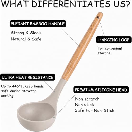 MIBOTE Silicone Cooking Kitchen Utensils Set, Wooden Handle, Khaki - Image 2