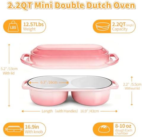 Mini Double Dutch Oven For Sourdough Bread Baking, 2.2QT Enameled Cast Iron - Image 4