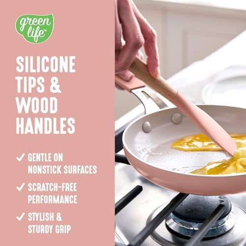 GreenLife 11 Piece Silicone Utensil Crock Set, Nonstick Kitchen Tools, Ladle, Turner, Slotted Turner, Spatula, Spoon, Spaghetti Server, Brush, Whisk, Tongs, Crock, Dusty Pink - Image 2