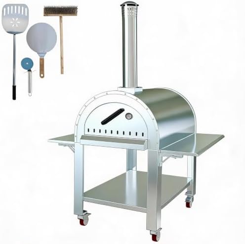 Wood-Fired Outdoor Pizza Oven 46 in – Stainless Steel 2-Layer Vertical Charcoal & Pellet Pizza Maker with 4 Wheels, Mobile Kiln-Style Pizza Grill, High Heat for Patio & Outdoor Kitchen Backyard by Unknown