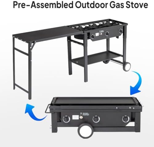 Bonnlo 3 Burner Propane Gas Stove with Work Station & Auto Ignition, 225,000 BTU Portable Camping Stove with Wheels & Regulator, Outdoor Propane Stove for Backyard Patio Cooking BBQ - Image 5