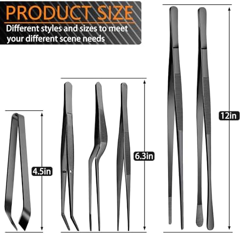 JETKONG 6 Pcs Cooking Tweezer Tongs, 12'' and 6.3" Stainless Steel Kitchen Tweezer Set, Professional Chef Tweezers for Cooking, Repairing, Sea Food, BBQ, Multi-use (Black) - Image 3