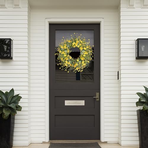 Sggvecsy Yellow Daisy Wreath 24 Inch Spring Summer Wreath Fake Silk Floral Wreath with Green Eucalyptus Leaves and Lavender for Front Door Window Wall Wedding Farmhouse Festival Decor - Image 3