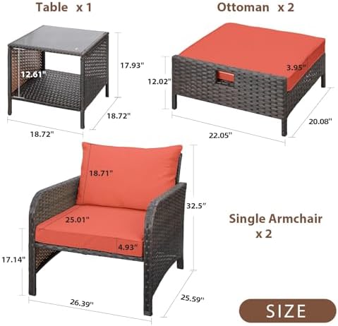 LEVELEVE Balcony Furniture 5 Piece Patio Conversation Set, PE Wicker Rattan Outdoor Lounge Chairs with Soft Cushions 2 Ottoman&Glass Table for Porch, Lawn-Brown Wicker - Image 2