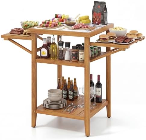 HAPPYGRILL Outdoor Wood Grill Table w/Faux Marble Top, 2-Tier Open Shelves by HAPPYGRILL