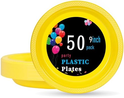 WELLIFE 9 Inch Yellow Plastic Plates 50 Count by WELLIFE