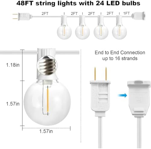 SUNTHIN White Outdoor String Lights, 48FT White Patio Lights with 25 G40 Shatterproof LED Bulbs(1 Spare), Waterproof Hanging Outside Lights for Porch, Deck, Garden, Pergola, Bistro - Image 2