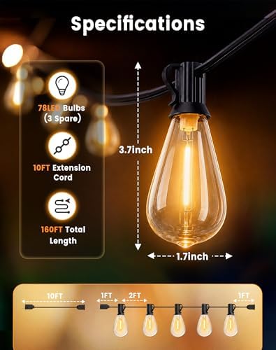 Outdoor String Lights 160FT(150+10) Waterproof, 75 LED S14 Shatterproof Edison Bulbs, 2FT Spacing, Extension Cord, Connectable Plug in Hanging Patio Lights for Outside, Backyard, Warm White - Image 7