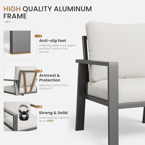 Outdoor Loveseat with Coffee Table Small Furniture Aluminum Patio Love Seat Couch Outdoor Chairs with 4" Cushion Loveseats Sofa for Poolside,Balcony,Deck,Yard - Image 2
