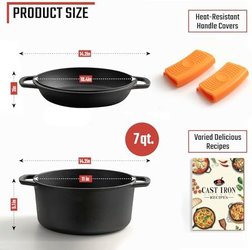 Overmont 7QT Double Dutch Oven - 2-in-1 Pre-Seasoned Cast Iron Pot & Recipe - Image 5