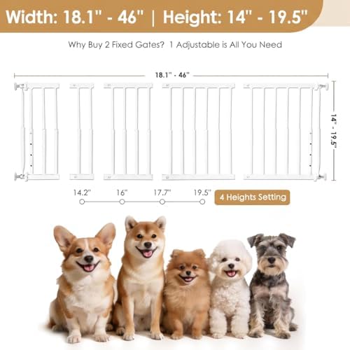14''-19.5'' Height Adjustable Dog Gate, Extra Wide 18.1"-46" All Metal Short Dog Gate to Step Over, Pressure Mount Small Pet Puppy Gate for Stairs & Doorways(White) - Image 4