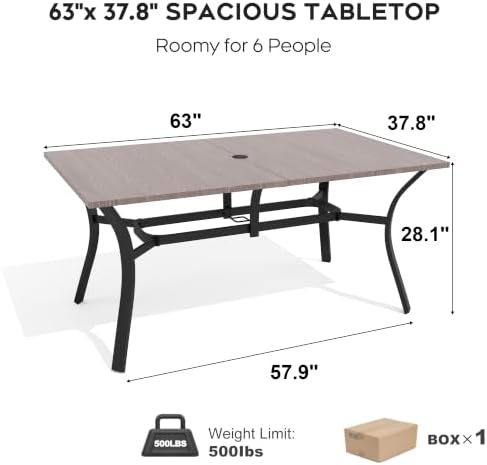 63'' Outdoor Dining Table for 6, Metal Patio Dining Table with Umbrella Hole, Anti-Rust Waterproof Square Table for Porch Deck Poolside Garden Backyard - Image 2