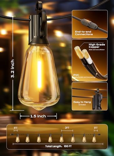 Brightown Outdoor String Lights, 100FT 50+2 LED ST38 LED Patio Lights Shatterproof, Dimmable IP65 Waterproof Connectable Hanging Outdoor Light for Backyard, Porch, Deck, Balcony - Image 7