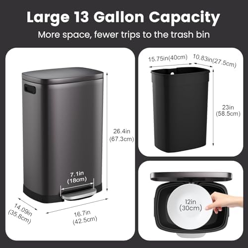 ELPHECO Kitchen Trash Can with Lid 13 Gal Stainless Steel Pedal Garbage Can - Image 3