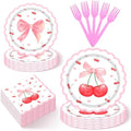 96Pcs Pink Bow Cherry Paper Plates Napkins Set for 24 Guests by Lianxuia
