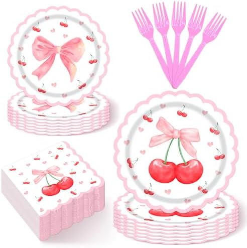 96Pcs Pink Bow Cherry Paper Plates Napkins Set for 24 Guests by Lianxuia