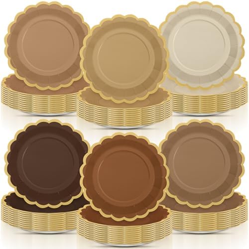 96 Pcs Brown Paper Plates 9 Inch Gradient Brown Scalloped Paper Disposable Dinner Dessert Plates for Birthday Wedding Bridal Party Supplies, 6 Colors by Tiangrid