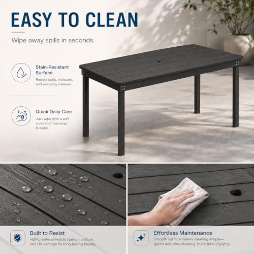 67" Rectangular Outdoor Dining Table, All-Weather HDPE Patio Table for 6-8 Person, Large Composite Wood Furniture with Umbrella Hole for Backyard Deck Garden Poolside, Black - Image 6