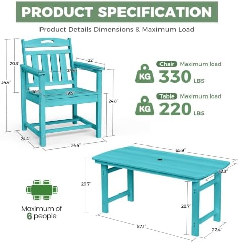 HDPE Outdoor Dining Set, Patio Table and 4 Chairs, 2" Umbrella Hole, Lake - Image 2