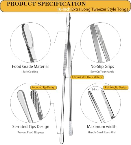 JETKONG 2 Pcs 16-Inch Kitchen Tweezers Extra Long Tweezer Tongs, Heavy Duty Stainless Steel Cooking Tweezers (Silver) - Image 2