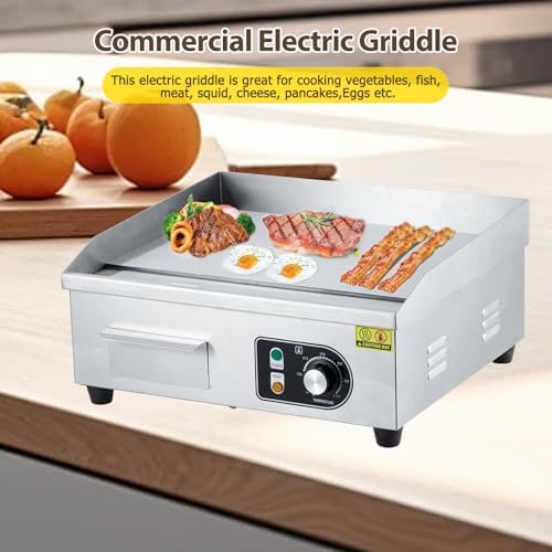 18" 1500W Stainless Steel Electric Griddle, Commercial Countertop Flat Top Grill with Adjustable 122–572°f Thermostat, Includes 2 Spatulas & Cleaning Brushes, Plug-in Grill for Indoor/Outdoor Cooking - Image 5