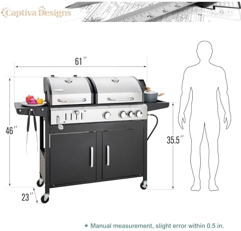 Captiva Designs Propane Gas and Charcoal Grill Combo with Side Burner,Black - Image 6