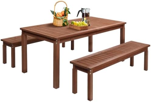 VINGLI 3-Piece Outdoor Dining Set, 69" Rectangular Wood Patio Table with 2 Benches, All-Weather Brown Fir Patio Furniture Set for Garden, Backyard, Lawn, Deck - Image 3