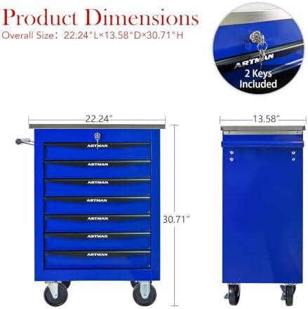 7-Drawer Heavy-Duty Rolling Tool Chest with Wheels & Steel Roof, Lockable Tool Chest Storage Cabinet for Garage, Workshop, Warehouse, and Repair Shop - Image 3