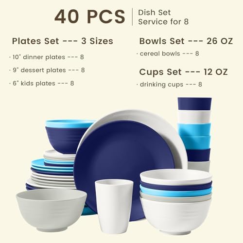 Homienly 40 PCS Wheat Straw Plates and Bowls Sets, Cups Sets, Service for 8, Unbreakable Microwave and Dishwasher Safe Dinnerware Sets,Reusbale Plastic Dishes Set - Island, Matte - Image 2