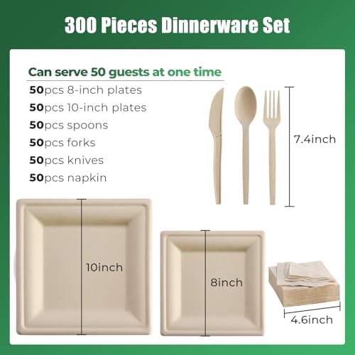 300Pcs Disposable Paper Plates Set, Compostable Plate Sugarcane Utensils Eco Friendly Dinnerware Kit Includes 50 Biodegradable Plates, Forks, Knives Napkins and Spoons for Brithday Party Camping - Image 3